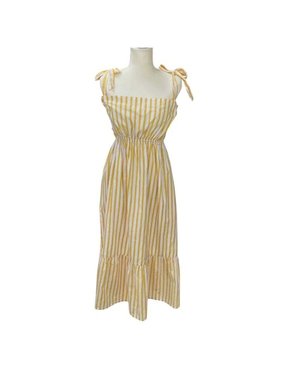 Faithfull The Brand Gia Yellow & White Striped Midi Dress Tie Shoulders Size XL
